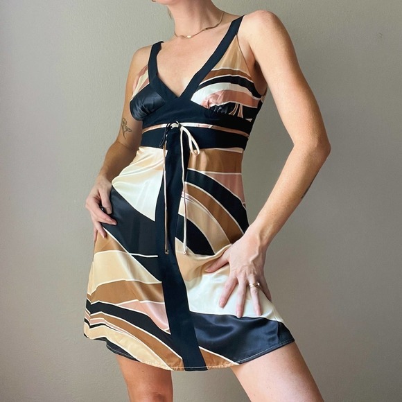 Vintage Y2K 100% Silk Designer Brown Abstract Printed Babydoll Dress - Picture 1 of 6